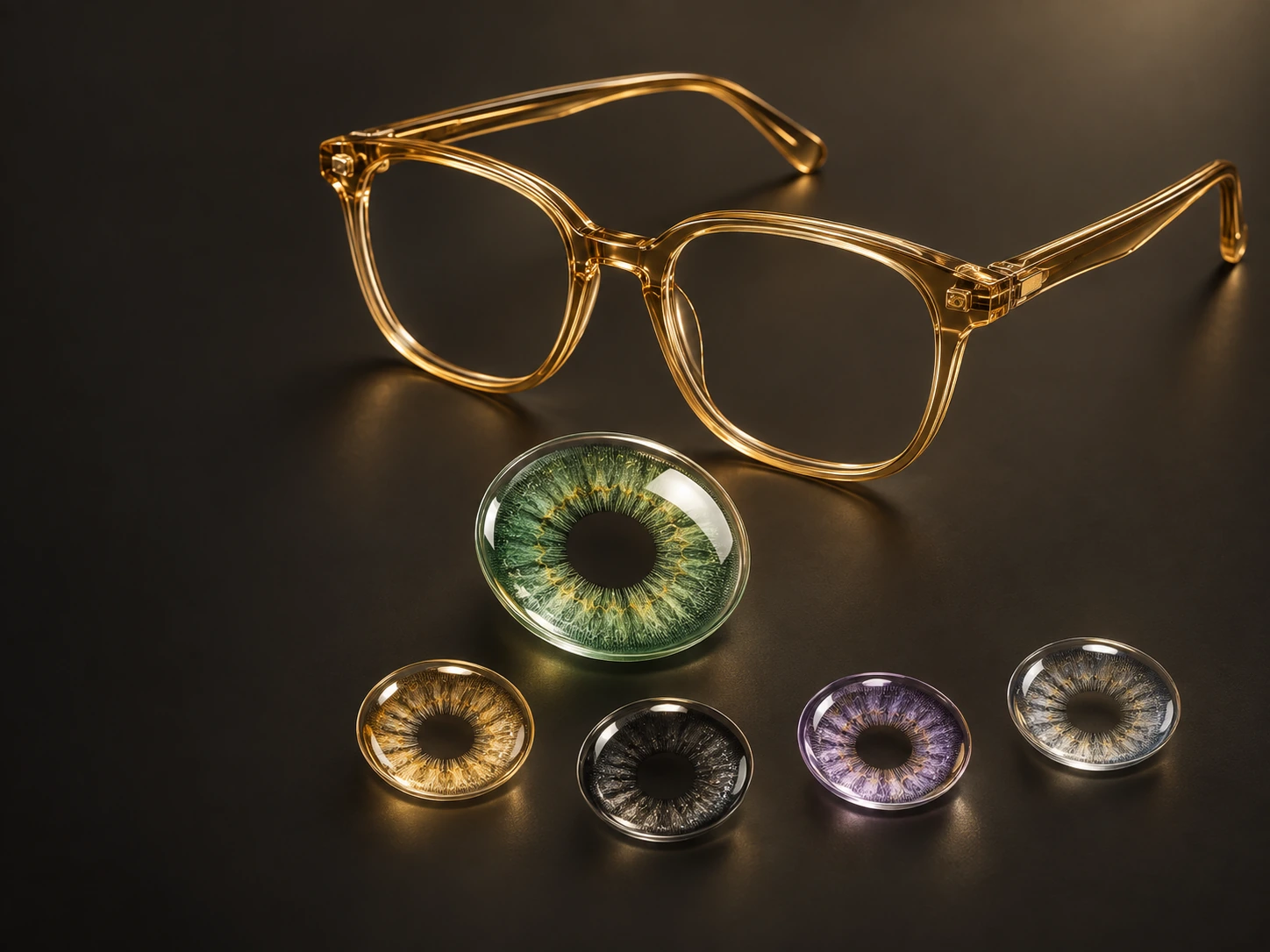 Armazón ámbar y lentes de contacto cosméticos de distintos colores sobre un fondo oscuro dorado