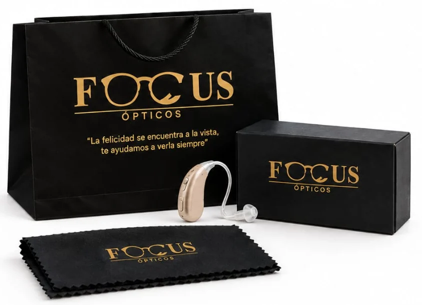 Kit Focus para aparato auditivo: bolsa, auxiliar auditivo retroauricular, estuche rígido y paño de limpieza