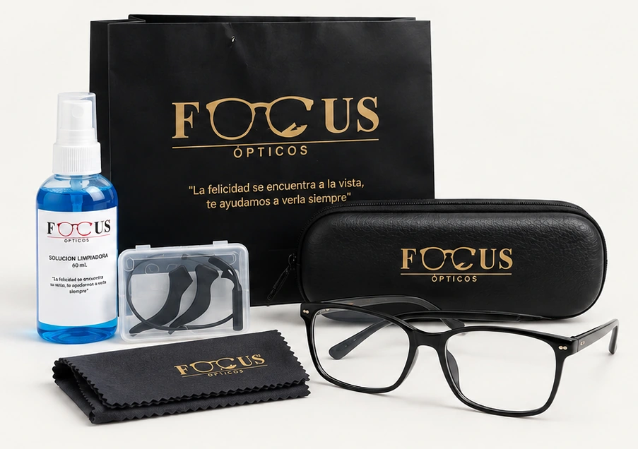 Kit Focus: bolsa, solución de limpieza, soporte anticaída, estuche, paño y lentes